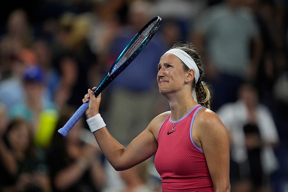 | Photo: AP/Matt Rourke : US Open 2024: Victoria Azarenka, of Belarus, reacts against Clara Burel, of France